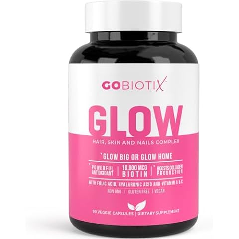 Glow Vitamins - Hair Skin and Nails Multivitamin Supplement - 10,000mcg Biotin Pills with Hyaluronic Acid, Folate, Iron, Magnesium, and Zinc - Boosts Collagen Production, Hair Growth, 90 Capsules Cover