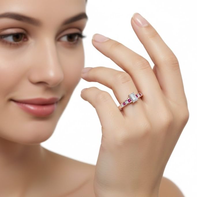 Image of 55Carat Choose Your Gemstone Diamond CZ Graduated Accent Ring Rose Gold Plated Emerald Shape Petite Engagement Rings Everyday Jewelry Wedding Jewelry Handmade Gifts for Wife US Size 4 to 12