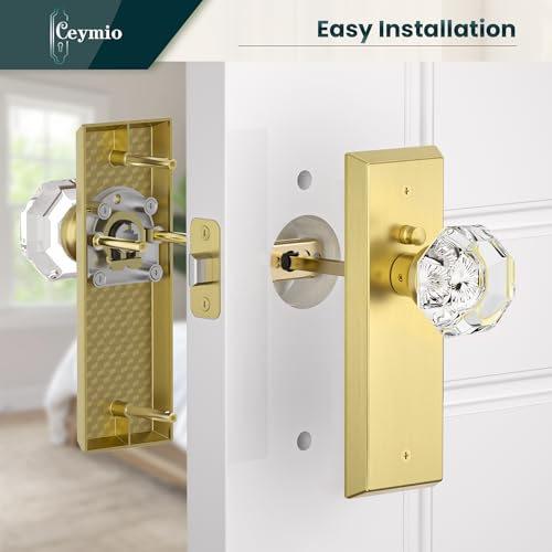 Image of Glass Door Knobs for Interior Doors - Vintage Crystal Privacy Bedroom & Bathroom Door Knob with Lock - Diamond Cut Door Handle - Brushed Gold Finish (1 Pack)