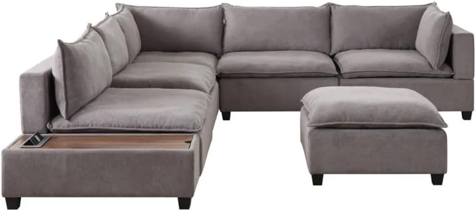 Light Gray Fabric Sofa 7Pc Modular Sectional Sofa with Ottoman and Storage Console Table