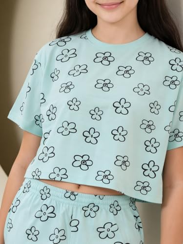 Image of Li'l Tomatoes Girls Cotton Night Suit Set | 100% Cotton Summer Co-Ord Set | Half Sleeve T-Shirt & Full Length Pajama | Soft & Breathable Printed Clothing Set | 9-16 Years