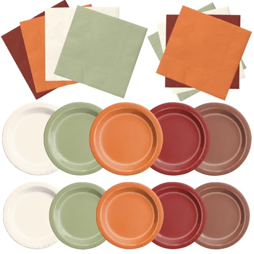 CMUSKO Fall Wedding Decorations - 60Pcs Sage Green Orange Plates & Napkins Set Autumn Thanksgiving Fall In love Bridal Shower Tableware