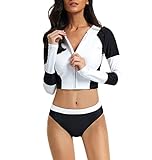 DFGHN Damen Zwei Stück Rash Guard Langarm Crop top Badeanzug UPF 50+ Reißverschluss Surfen Bikini Set Badeanzug,Weiß,S