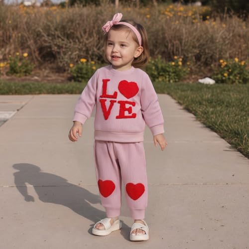 Yuufuniy Toddler Baby Girl Valentines Outfit Letter Heart Embroidery Waffle Long Sleeve Sweatshirt And Pants Winter Clothes (Pink, 18-24 Months)
