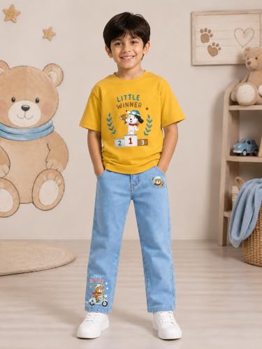 Image of KiddoPanti Boys Printed Co-Ords Set | 100% Cotton & Cottnon Spandex Woven | Drop Shoulder Tshirt with Jeans | Graphic Printed Design| Outerwear For Kids