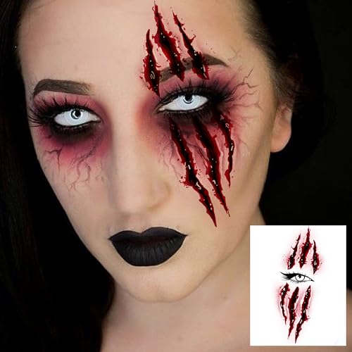 Image of VANTATY 8 Sheets Scary Scratch Scar Tattoos Halloween Temporary Tattoos Face Sticker, Realistic Stitch Wound Injury Fake Scar Tattoos Halloween Costume Zombie Makeup Body Decals Rave Party Accessories