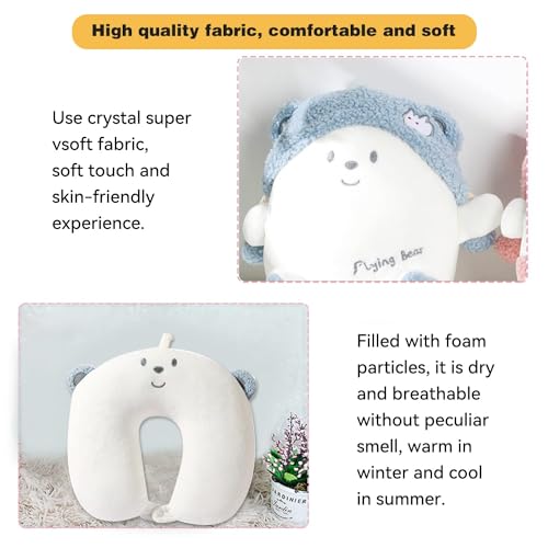 Image of Kids Travel Pillow - 2-in-1 Deformable Kids Neck Pillow for Traveling, Soft U-Shaped Pillow with Adorable Animal Design, Comfy Sleep and Play, Ideal for Airplanes and Cars - Blue Bear