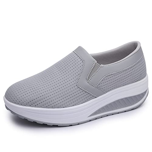 Catata Women's Wedge Toning Rocker Fashion Loafers Slip Ons Shoes, Grey, 9 #TOP2