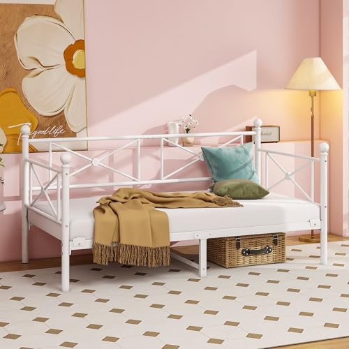 MUZERUL Tagesbett Metallbett 90x200 cm Einzel Bettsofa mit Kopfteil & Lattenrost Jugendbett Schweres Metall-Lattenrost zur Matratzenunterstützung Tagesbett für Wohnzimmer & Schlafzimmer Weiß