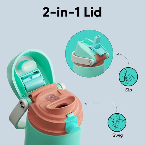 Image of Insulated Water Bottle with Straw - Encool Stainless Steel Water Bottle with Push Button Lid, Leak-Proof & BPA-Free, Keeps Cold for 24 Hours for Sports, Travel, Gym (24 oz, Turquoise)