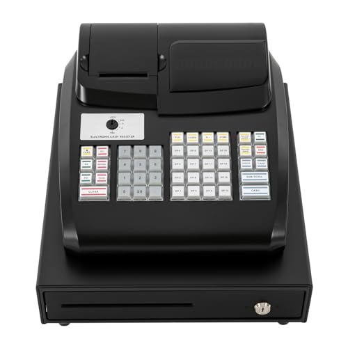 Image of 47 Keys Electronic Cash Register, Small Cash Register Portable Sales Register with Extra-Long Check Opening for Retailers and Food Markets 15.75 x 12.8 x 9 Inch Black