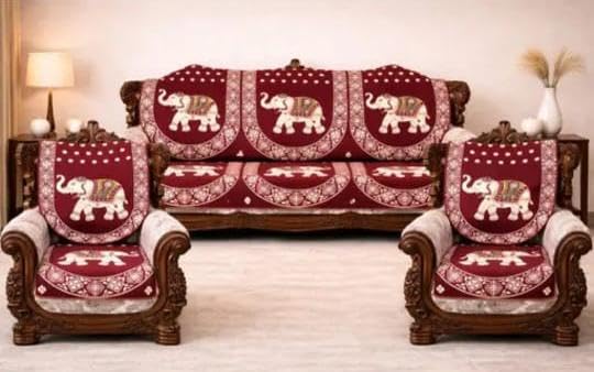 Royal Elephant Design Sofa Cover Set for 5 Seater Sofa | Premium Cotton Blend Furniture Protector | Anti-Dust Sofa Seat Cover | Traditional Print Sofa Cover Set for Living Room (Maroon)-image-12