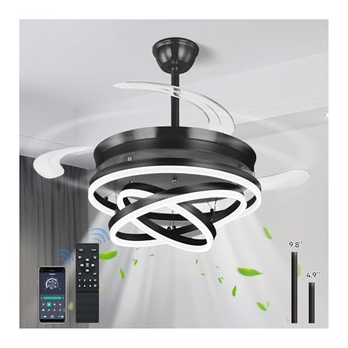 Retractable Ceiling Fans with Lights, 42' Fandelier Ceiling Fan with Light and Remote, Reversible, 3 CCT, Dimmable, Modern Chandelier Ceiling Fan for Bedroom, Living Room, Dining Room (Black)