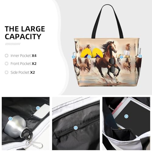 Prancing Brown Horse Large Capacity Beach Travel Bag, Foldable Beach Bag with Zipper, Great for Grocery Bag Pool Gym Travel Shopping3