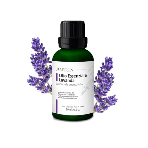 Aceite Esencial De Lavanda Angostifolia AMYRON 30 ml/Natural y Puro al 100% Ideal Para Aromaterapia Y Uso Terapéutico/Difusor De Aceites Esenciales/Masajes Aromáticos/Uso Alimentario Sin OGM.