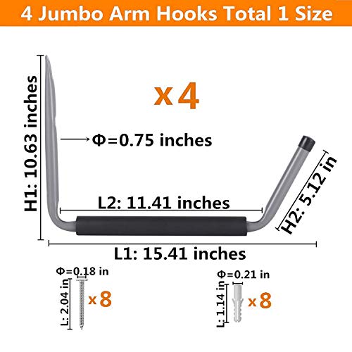 Garage Kayak Storage Hooks Heavy Duty, Wall Mounted Large Indoor Ladder Canoe Hanger Utility Hanging Rack Organizer For Folding Chairs, Bike, Hose, Tools, Boat, Bicycle, Surfboard (4 Pack- Grey) #TOP1
