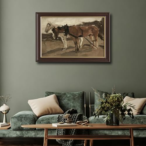 Image of Vintage Framed Work Horses Canvas Wall Art, Antique Farm Animal Painting, Neutral Tone Rustic Wall Decor for Living Room Bedroom Farmhouse Aesthetic