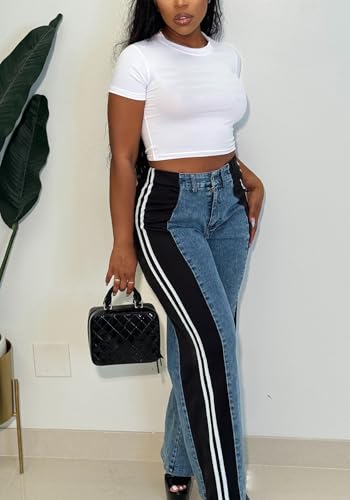 YOOTIKO Women High Waisted Jeans Patchwork Striped Pants Straight Wide Leg Denim Jeans Streetwear2