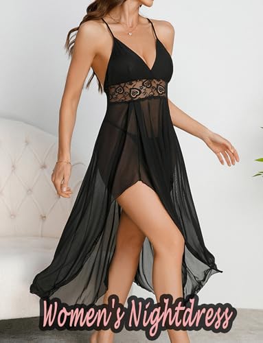 Babydoll Spitze Lange V-Ausschnitt Negligees Damen Nachtwäsche Nachthemden Damen Reizwäsche Backless Schlafkleid Sexy Dessous SML – Bild 2