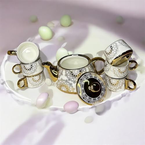 Image of Porcelain Tea Set with Gold Trim, White with Floral Pattern, 6 Cups with Teapot, Decorative Design
