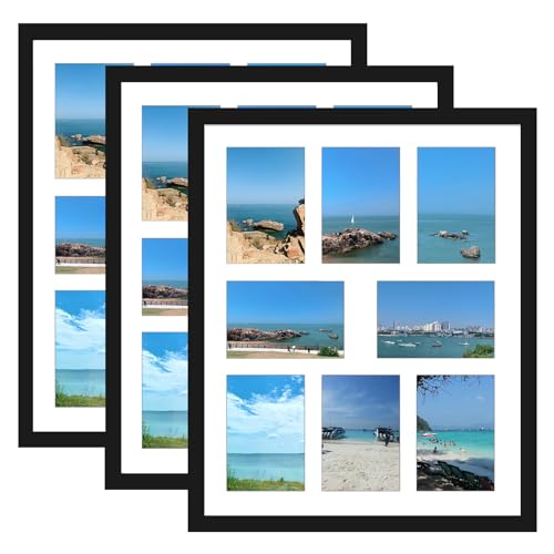 Xiangzhen 3 Pack 4x6 Collage Picture Frame Black 8 Openings,Display 8 Pcs 4x6 inch photos with Mat Or 16x20 Inch Without Mat,Solid Wood poster frames,Wall Hanging Horizontal and Vertical Dis