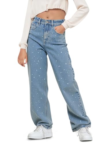 Haloumoning Girls Wide Leg Rhinestone Jeans Kids Baggy Elastic Waisted Denim Pants with Pockets 5-14 Years