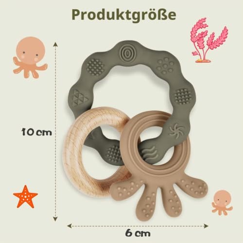 Vicloon Beißring für Babys, Beißring Spielzeug aus Silikon und Holzringe, Baby Zahnungshilfe BPA-frei… – Ansicht 2