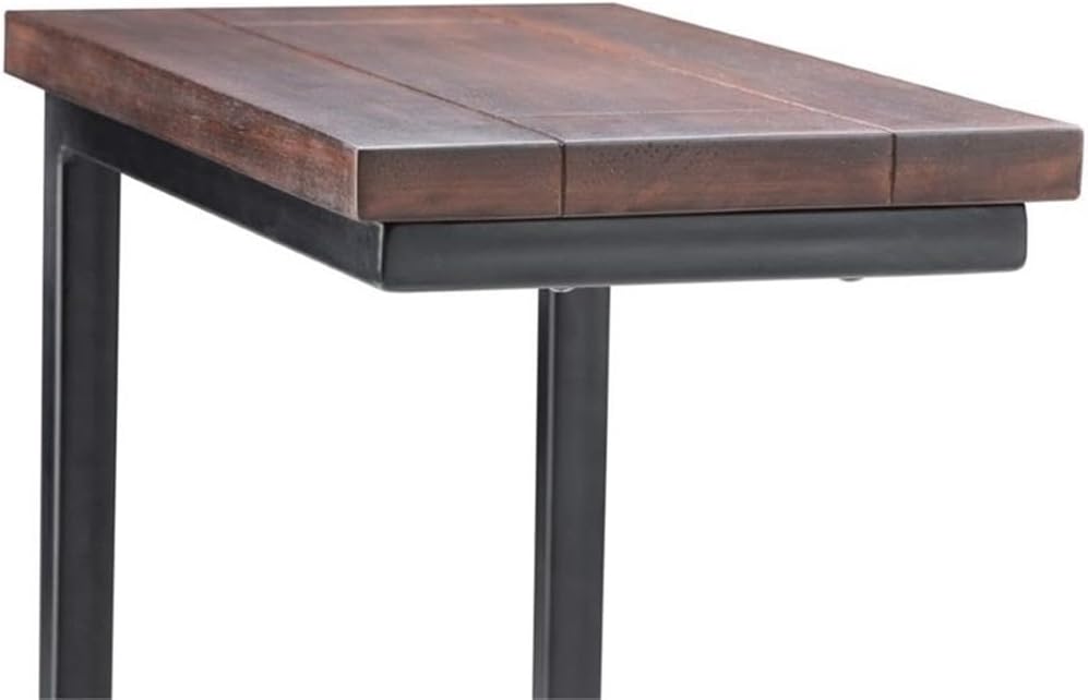 Pemberly Row Contemporary Wood End Table, Dark Cognac Brown Finish, Solid Mango Hardwood and Black Metal Frame, C-Shaped Design, 24 in H x 18 in W x 10 in D, Living Room or Bedroom Side Table
