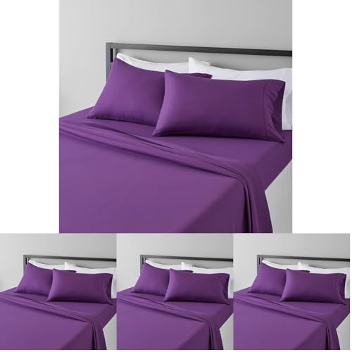 Image of Amazon Basics Lightweight Super Soft,Comfortable Easy Care Microfiber 4 Piece Bed Sheet Set with 14-Inch Deep Pockets,Queen,Plum,Solid,(Pack of 4)