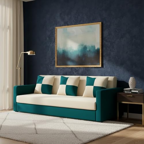 Image of FURNY Ameno 3 Seater Fabric Sofa Set (Cream-Greenish Teal) Premium Velvet Finish | Durable Comfort Ideal for Living Room