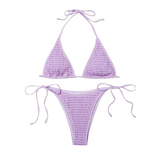 SweatyRocks Women's Halter Neck Tie Side Bikini Swimsuits 2 Piece Triangle Bathing Suit Purple S