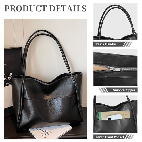 JueiXeoy Leather Tote Bag for Women Work with Zipper Vegan Leather Purse Large Shoulder Handbags Ladies Travel Tote Bags Black - image 4