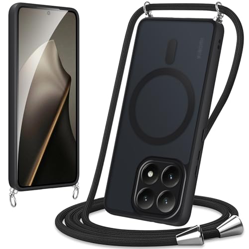 Knrlqim Funda para Xiaomi 15T 5G con Cuerda,Compatible con MagSafe, Carcasa Magnética Translúcida Mate Antigolpes Case con Correa Colgante Ajustable Collar Correa de Cuello Cadena Cordón,Negro