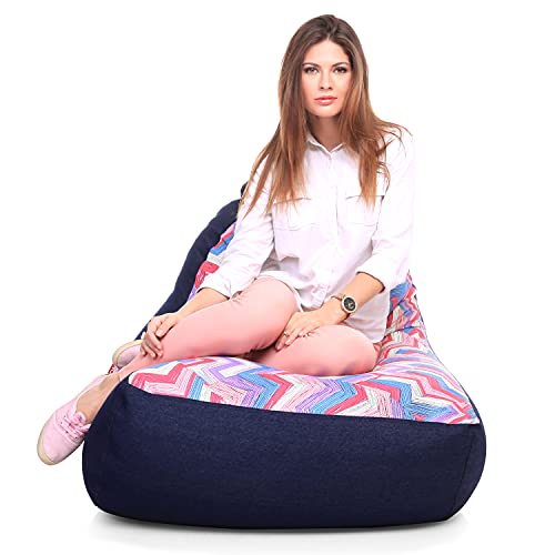Image of Style Homez Urban Design Denim Canvas Geometric Printed Chair Bean Bag XXL Size Filled with Beans Fillers