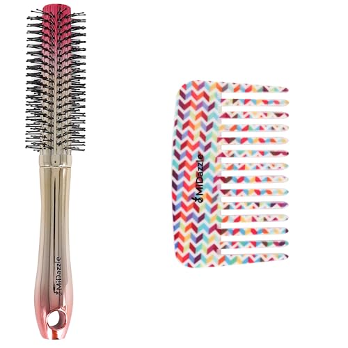 Image of Midazzle Premium Round Hair Brush and Floral Comb Set, Golden, 2 Pieces (MIHB0023+MIFC2305)