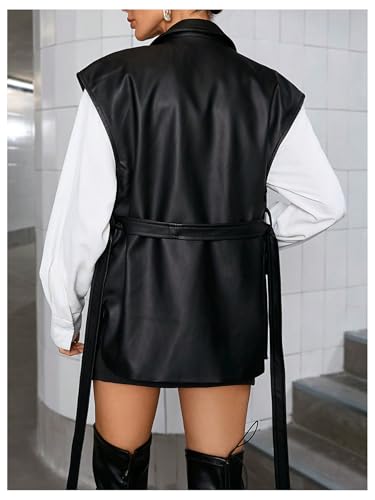 MakeMeChic Women's PU Leather Belted Long Vest Lapel V Neck Sleeveless Outerwear2