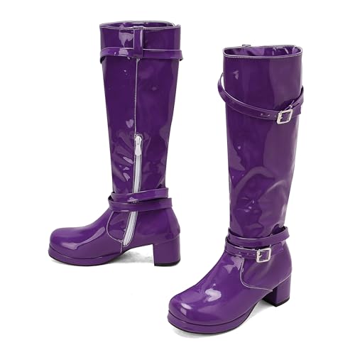 BEAUPAS Women's Patent Leather Knee High Boots Block Heel Double Buckle Goth Platform Boots3