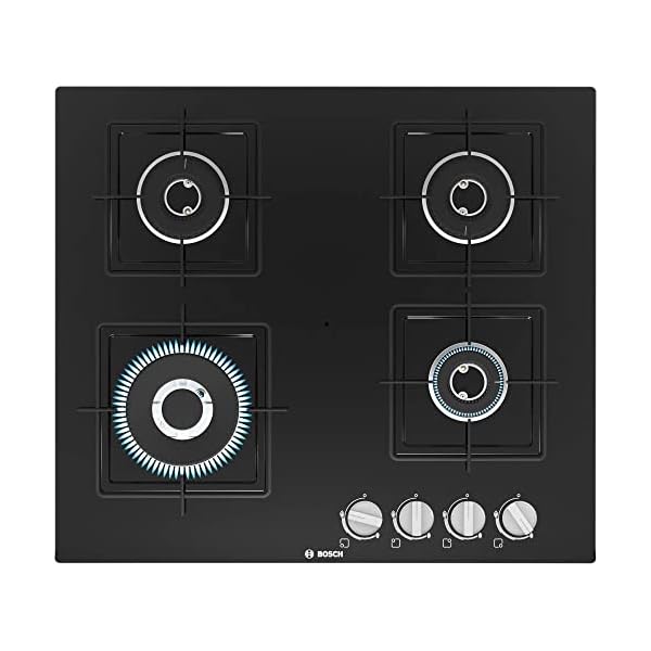 Bosch Built in Gas Hob Black Tempered glass Glass 4 Burner Auto Ignition 60 cm Italian Double Ring Burners (PNH6B6B12I)
