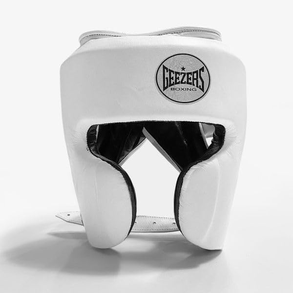 Geezers Boxing Elite Pro 2.0 Sparring Cheek head-guard, Ultra-durable Leather Material, layered padding protection Headguard for Boxing, MMA & Martial Arts, Men and women’s (White, XL)