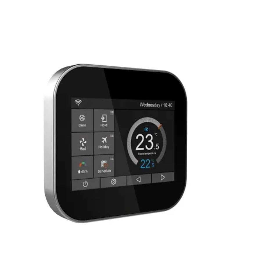 Eazyliv Smart Solutions WiFi Fully Touch Screen Display Central Air Conditioner Thermostat Temperature Controller 220V, Tuya App Work With Amazon Alexa Echo Google Home (Black Silver Frame)