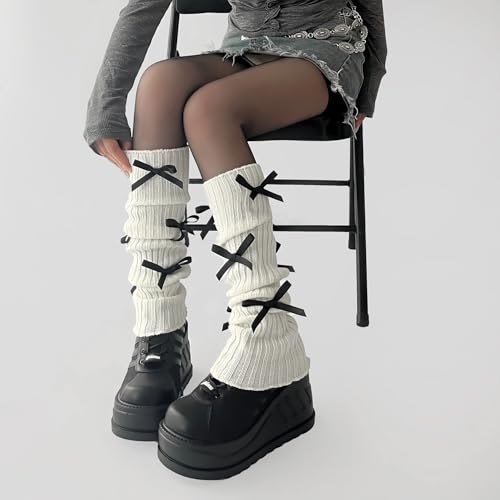 Image of Leg warmers Y2k Wind with bow lace-up knit Harajuku Kawaii leg warmers accessories 80's vintage high leg socks