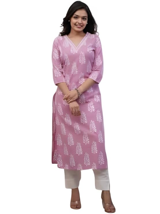 ethnic lady Viscose Rayon Long Kurti for Women | A-Line Kurta | V Neck Tunic for Women | 3/4 Sleeve Straight Kurta | Pink-picture-16
