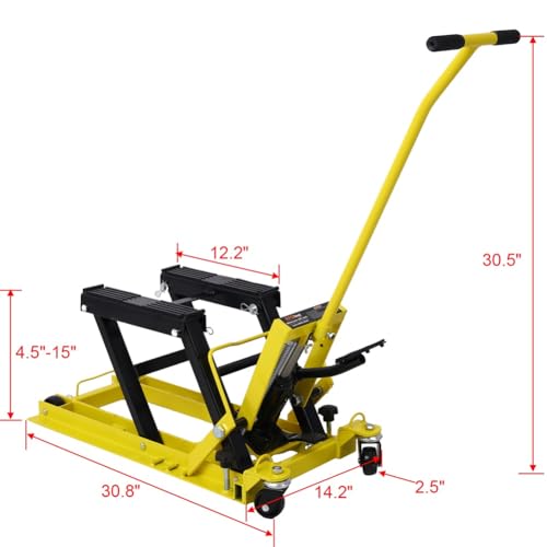 Image of Hydraulic Motorcycle Lift Jack, 1500 LBS Capacity Foot-Operated Motorcycle Lift Table, ATV Scissor Lift Jack with 4.5 inch - 15 inch Lifting Range, Portable Motorcycle Lift Table with Wheels Yellow