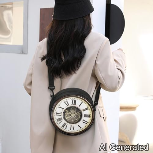Image of Women Novelty Round Clock Shape Zippered Clock Purses for Women Tote Handbag Shoulder Bag, Gift for Mom Girlfriend