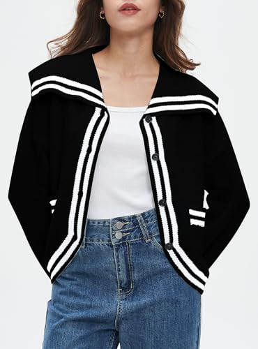 Image of Ladyful Stripped Cardigan for Women Lapel Button Down Open Front Sweater Long Sleeve Knit Outerwear