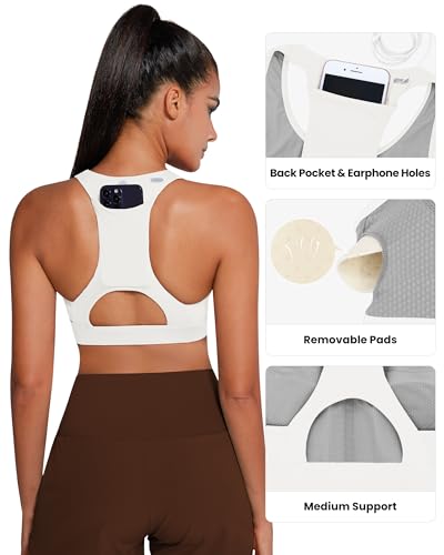 Image of QUEENIEKE BareFlow Women's Sports Bras with Phone Pocket Medium Impact Padded Racerback Workout Gym Crop Top Running Yoga Bra