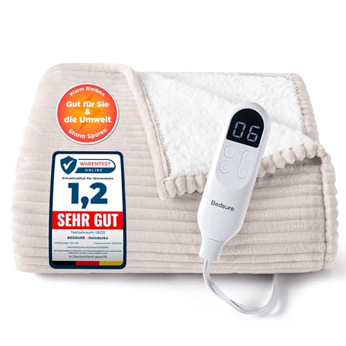 BEDSURE Heizdecke mit Abschaltautomatik 130x180cm - Wärmedecke mit 6 Heizstufen & 10 Stunden Timer, bis zu 8 Stunden Überhitzungsschutz, Elektrische Kuscheldecke für Home & Office, Gestreift Natur BEDSURE Heizdecke mit Abschaltautomatik 130x180cm - Wärmedecke mit 6 Heizstufen & 10 Stunden Timer, bis zu 8 Stunden Überhitzungsschutz, Elektrische Kuscheldecke für Home & Office, Gestreift Natur