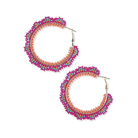 INK+ALLOY Eve Angles Beaded Boho 2.5-Inch Crochet Hoop Earrings Handmade Jewelry for the Modern Bohemian (Hot Pink) Cover