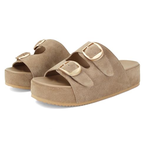 MICIFA Tan Platform Sandals for Women Suede Wedges Comfortable Cute Slides Casual Adjustable Double Buckle Strap Flats Brown