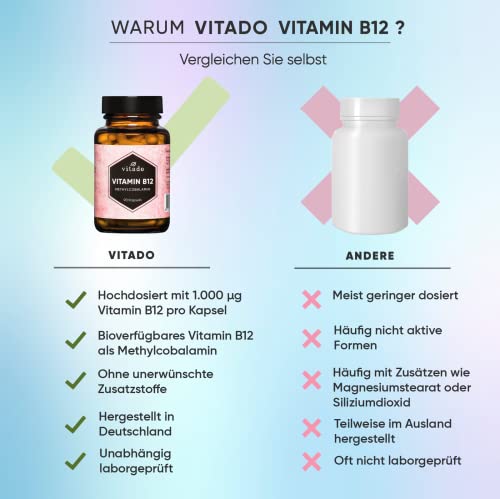 Vitamin B12 hochdosiert - 1000µg Vit B12 aus Methylcobalamin - 90 Kapseln im Glas - Vegan - Laborgeprüft